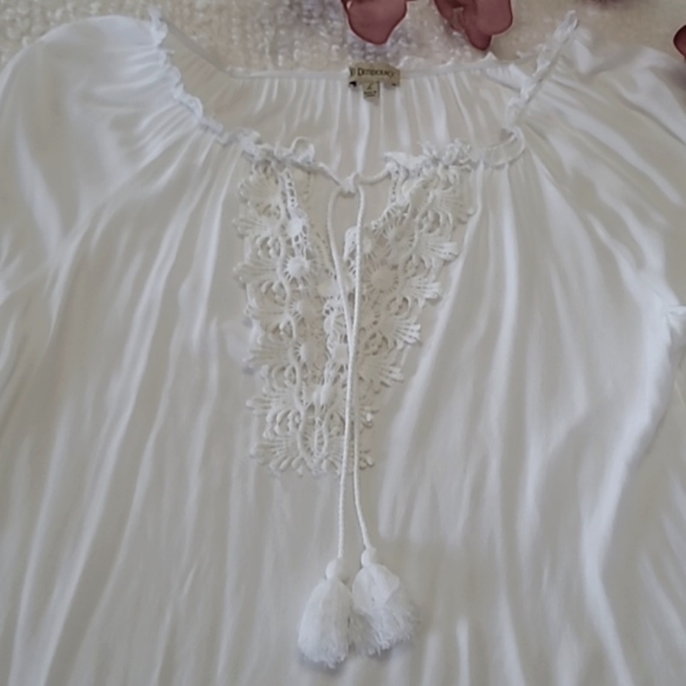 Democracy Blouse Elegant White Lace Crochet Trim Top Bell Sleeve Tassel Tie Larg - Picture 9 of 12